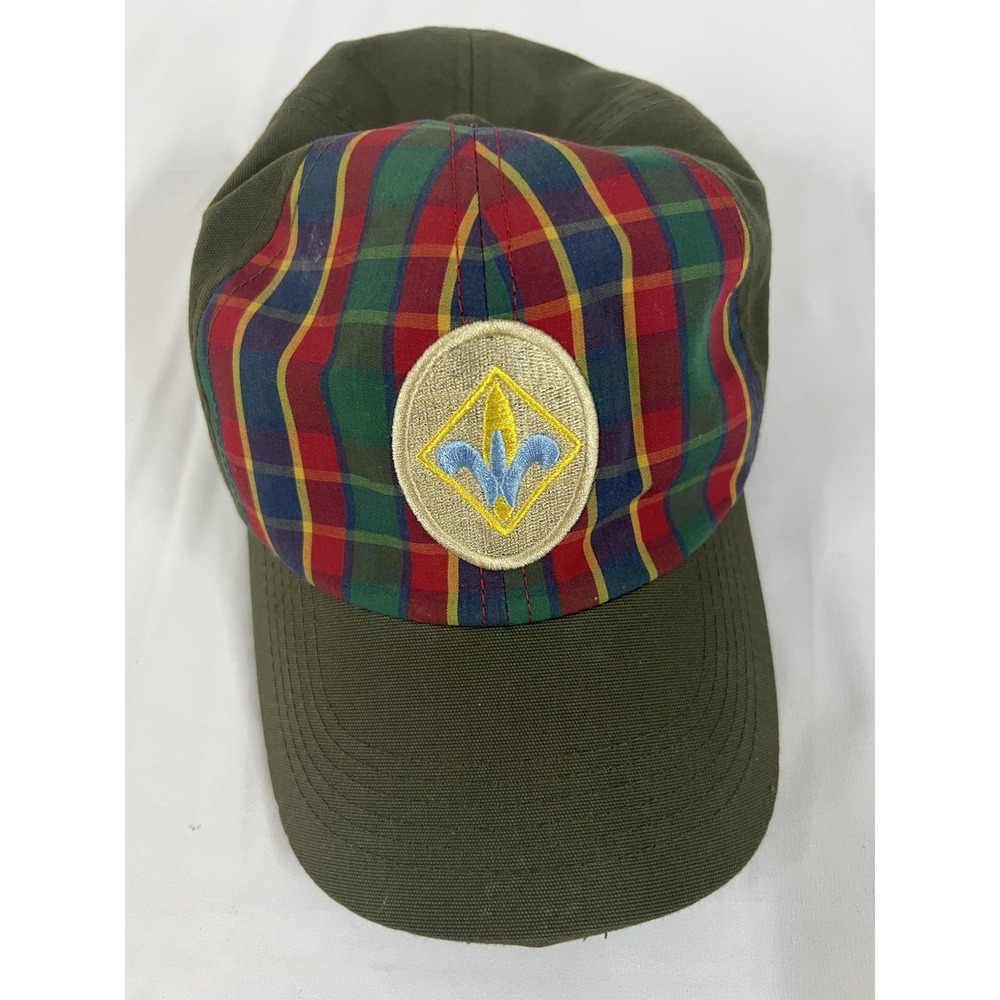 Vintage Boy Scouts of America BSA Plaid Olive Green Canvas Baseball Hat Cap
